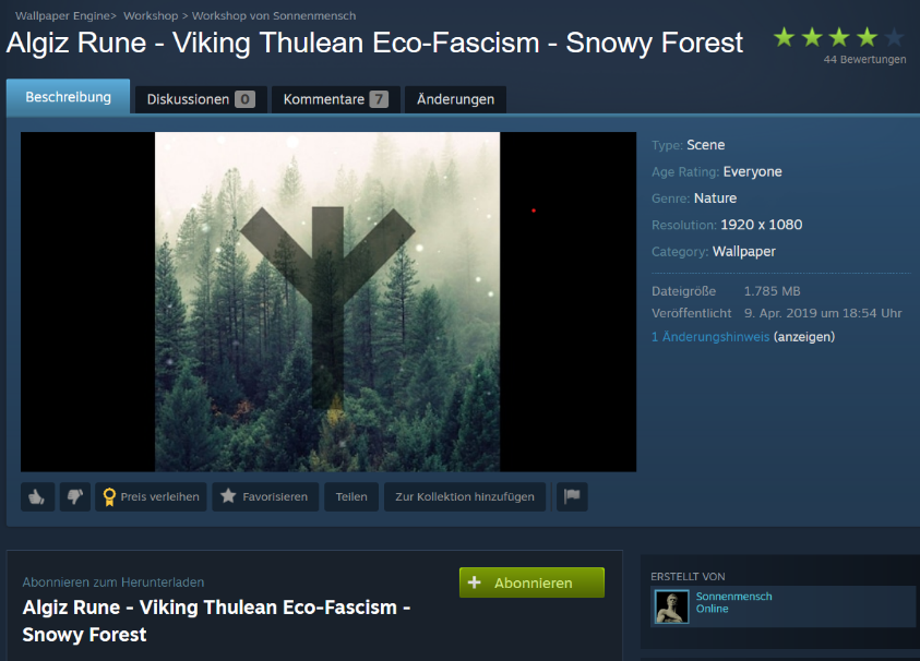 Screenshot eines Wallpapers bei Steam mit dem Titel "Algiz Rune - Viking Thulean Eco-Fascism - Snowy Forest". In der Vorschau des Wallpapers sieht man einen nebligen Wald. Im Vordergrund ist darüber in schwarz leicht durchscheinend eine Algiz-Rune gelegt.