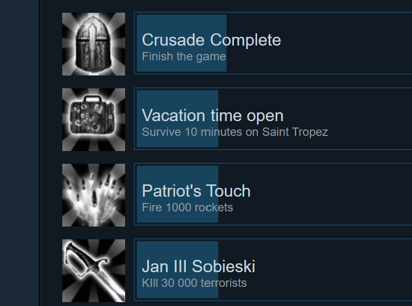 Screenshot eines Teils der Achievemts von IS Defense bei Steam. Die vier, deren Namen auf dem Screenshot zu lesen sind, heißen "Crusade Complete", "Vacation time open", "Patriot's Touch" und "Jan III Sobieski".