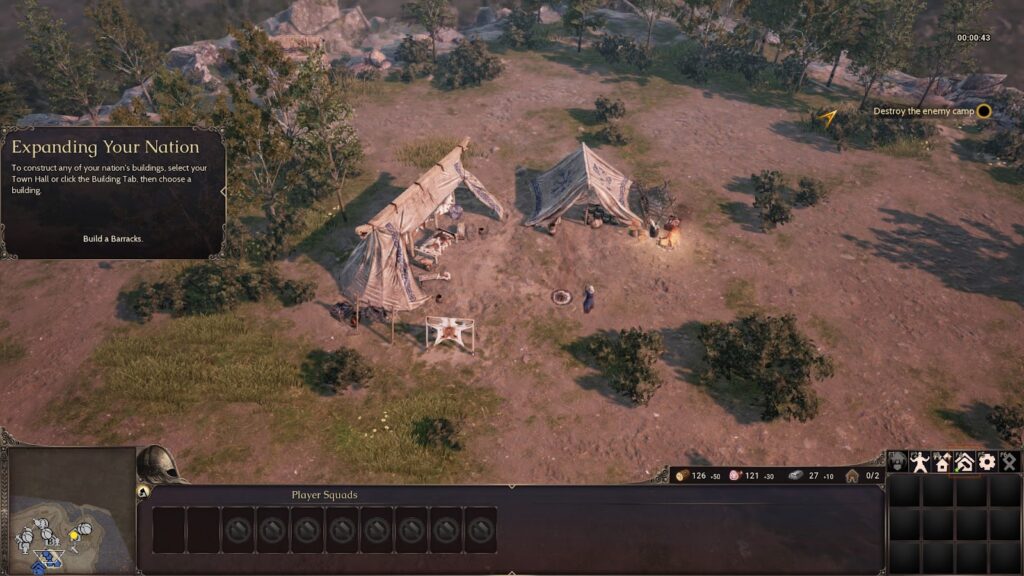 Screenshot aus dem Spiel Ancestors Legacy. Man schaut von schräg oben auf ein kleines Zeltlager in einer recht felsigen Umgebung, die stark in Brauntönen gehalten ist. Links im Bild kann man ein Overlay mit dem Titel "Expanding Your Nation" sehen, das einen Tutorialtip enthält, wie Spieler*innen Gebäude bauen können.